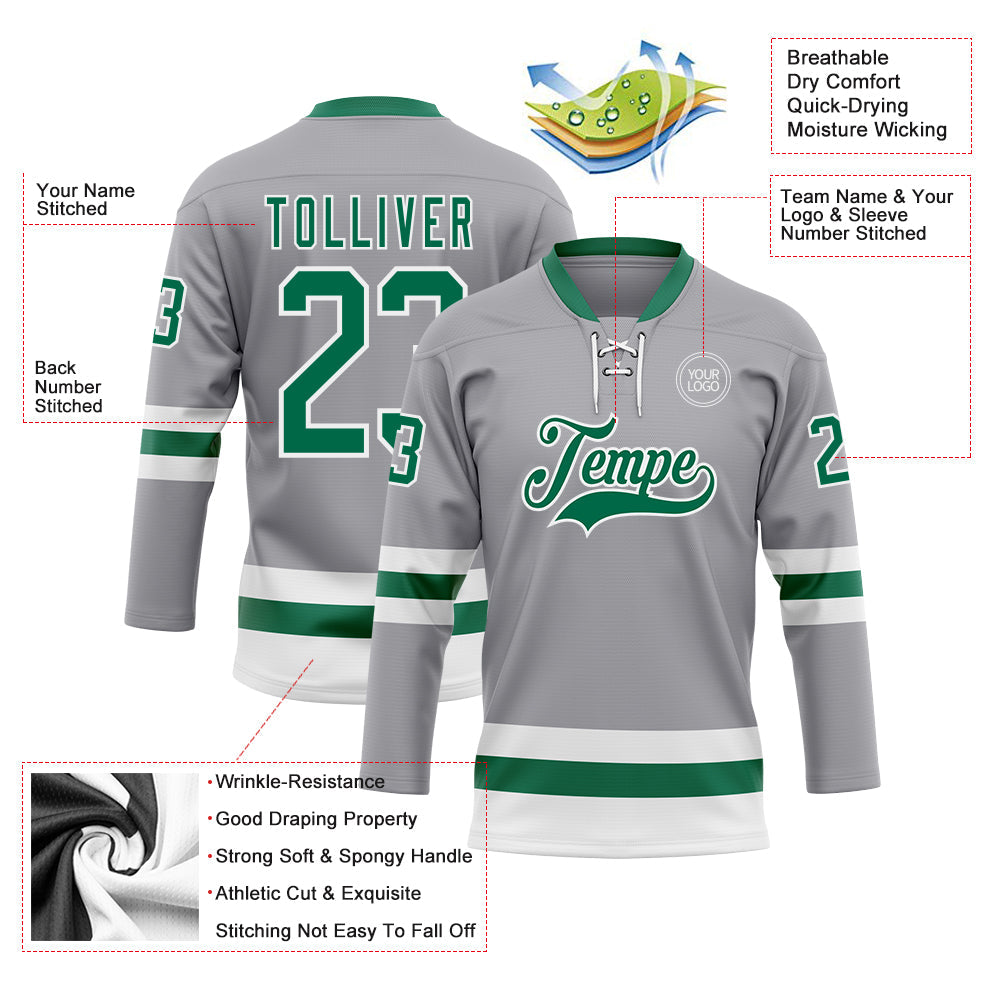 Custom Gray Kelly Green-White Hockey Lace Neck Jersey - Sky-Custom