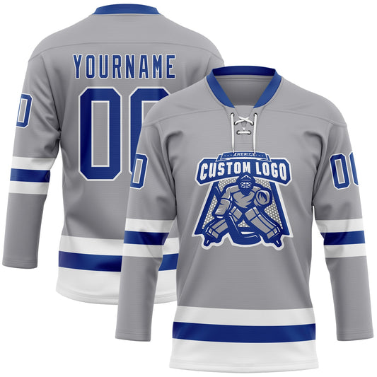 Custom Gray Royal-White Hockey Lace Neck Jersey - Sky-Custom