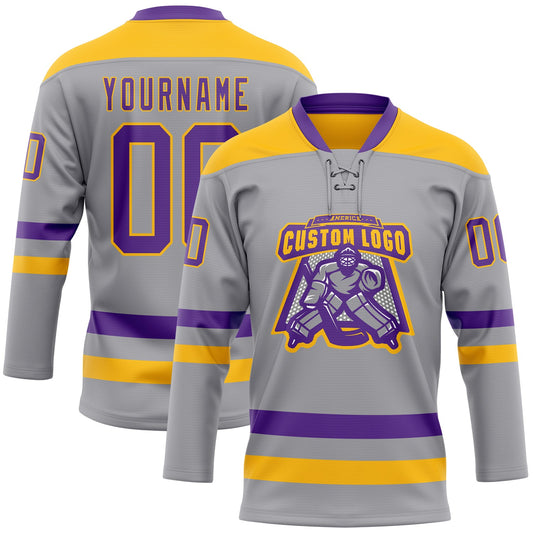 Custom Gray Purple-Gold Hockey Lace Neck Jersey - Sky-Custom