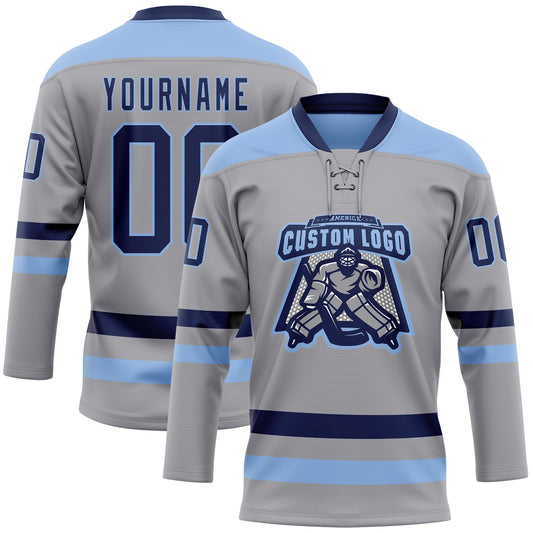 Custom Gray Navy-Light Blue Hockey Lace Neck Jersey - Sky-Custom