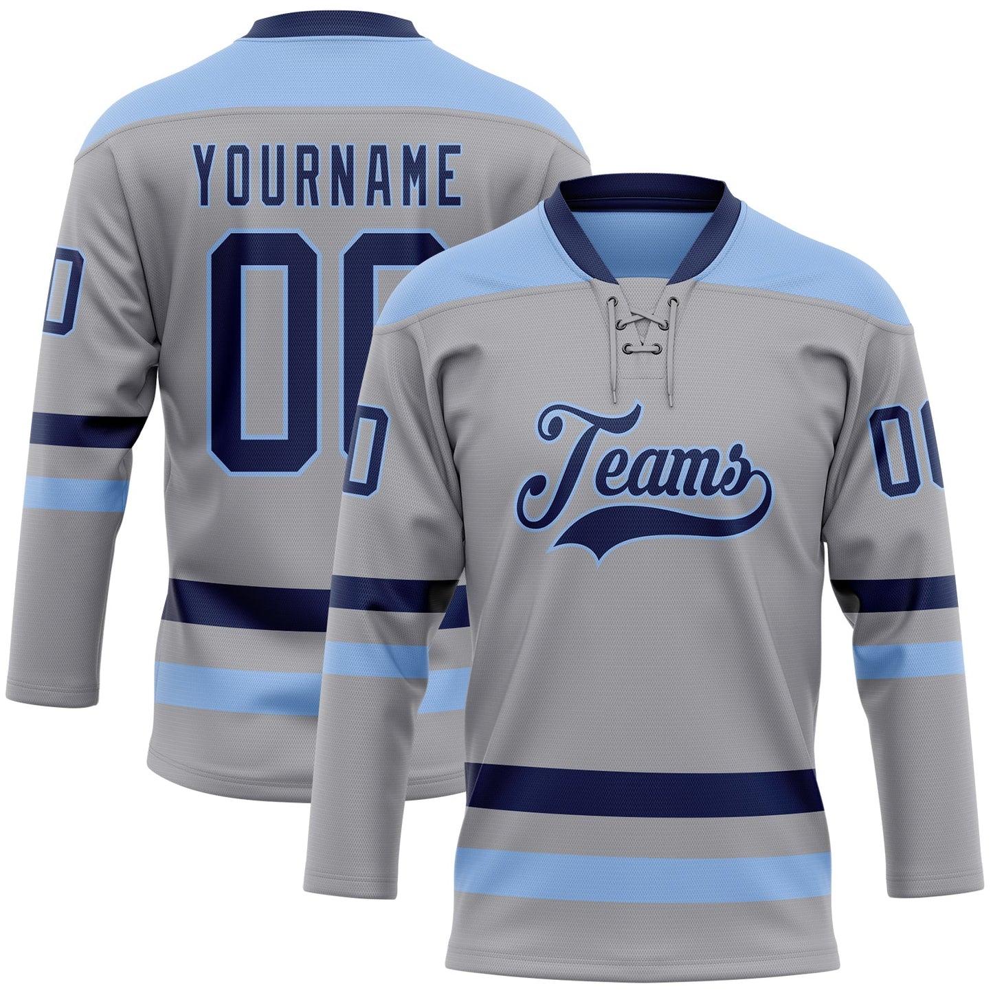 Custom Gray Navy-Light Blue Hockey Lace Neck Jersey - Sky-Custom