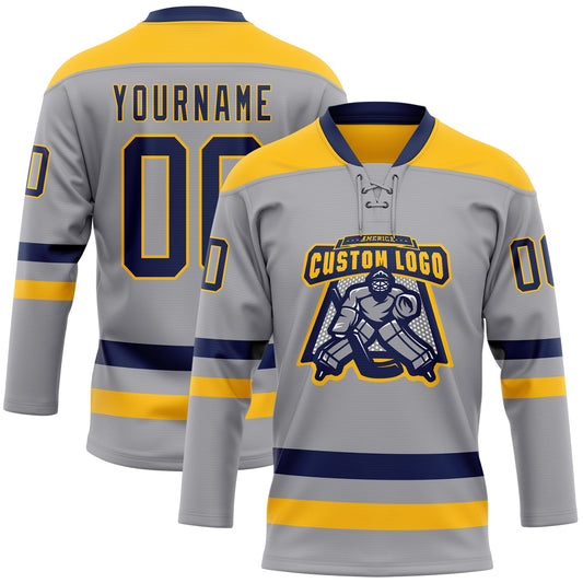 Custom Gray Navy-Gold Hockey Lace Neck Jersey - Sky-Custom