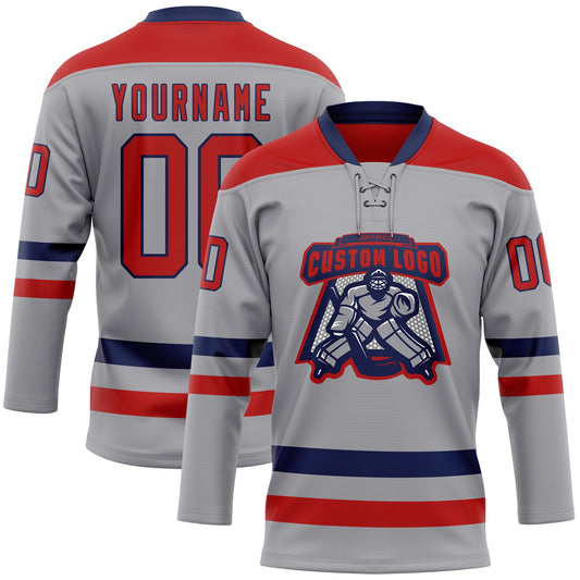 Custom Gray Red-Navy Hockey Lace Neck Jersey - Sky-Custom