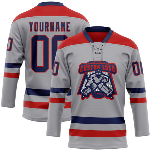 Custom Gray Navy-Red Hockey Lace Neck Jersey - Sky-Custom