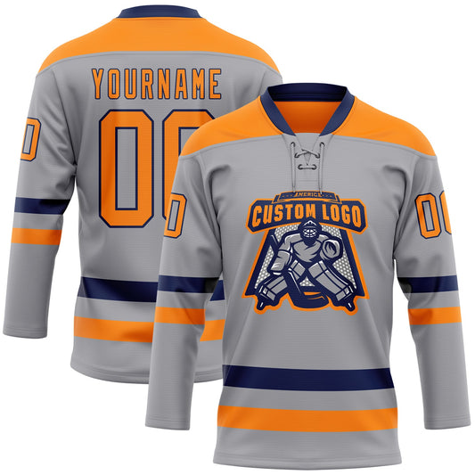 Custom Gray Bay Orange-Navy Hockey Lace Neck Jersey - Sky-Custom