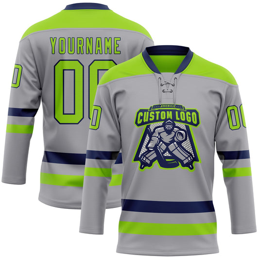 Custom Gray Neon Green-Navy Hockey Lace Neck Jersey - Sky-Custom