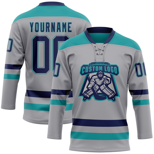 Custom Gray Navy-Teal Hockey Lace Neck Jersey - Sky-Custom