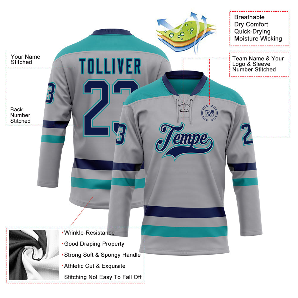 Custom Gray Navy-Teal Hockey Lace Neck Jersey - Sky-Custom