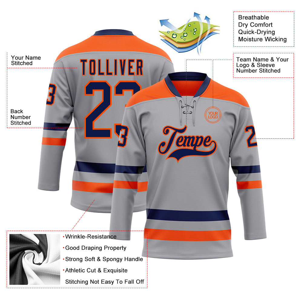 Custom Gray Navy-Orange Hockey Lace Neck Jersey - Sky-Custom