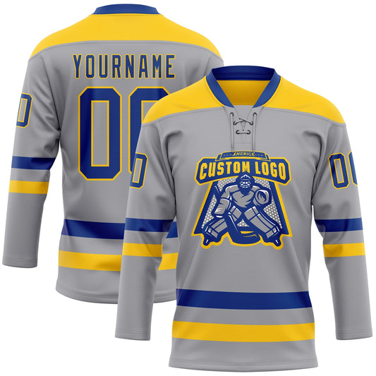 Custom Gray Royal-Yellow Hockey Lace Neck Jersey - Sky-Custom