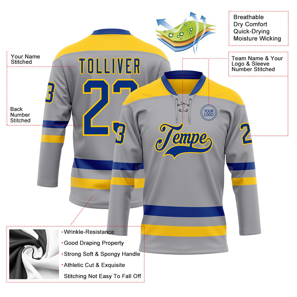 Custom Gray Royal-Yellow Hockey Lace Neck Jersey - Sky-Custom