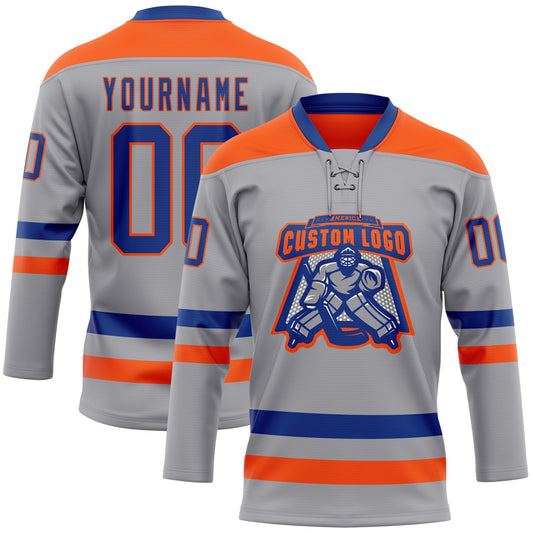Custom Gray Royal-Orange Hockey Lace Neck Jersey - Sky-Custom