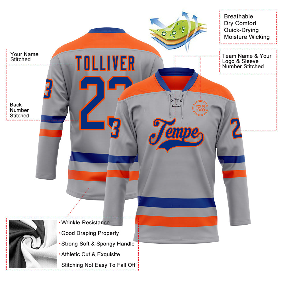 Custom Gray Royal-Orange Hockey Lace Neck Jersey - Sky-Custom