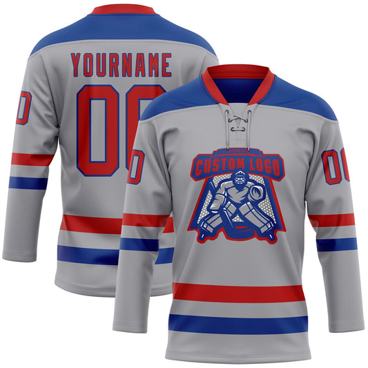 Custom Gray Red-Royal Hockey Lace Neck Jersey - Sky-Custom
