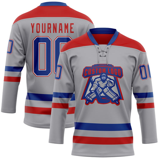 Custom Gray Royal-Red Hockey Lace Neck Jersey - Sky-Custom