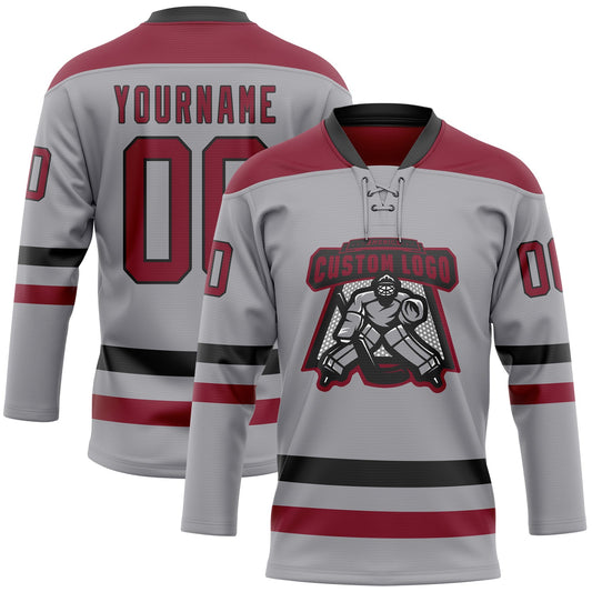 Custom Gray Crimson-Black Hockey Lace Neck Jersey - Sky-Custom