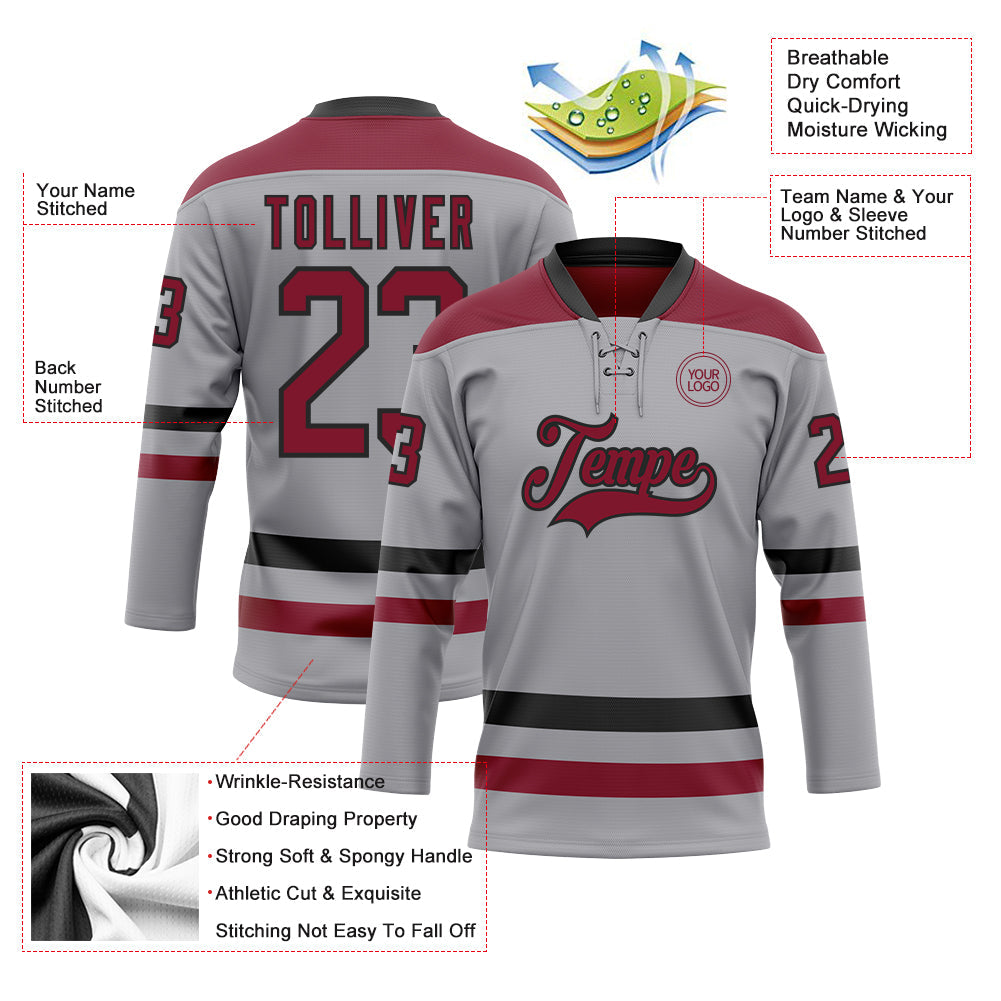 Custom Gray Crimson-Black Hockey Lace Neck Jersey - Sky-Custom