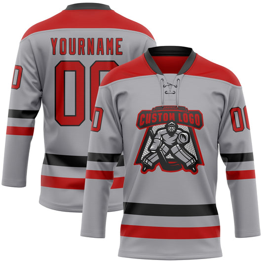 Custom Gray Red-Black Hockey Lace Neck Jersey - Sky-Custom