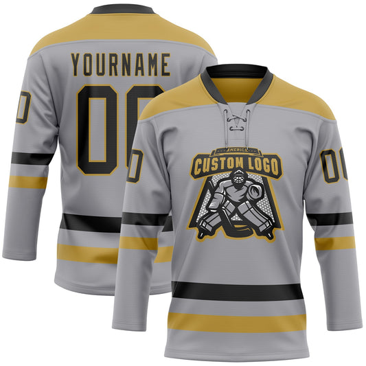 Custom Gray Black-Old Gold Hockey Lace Neck Jersey - Sky-Custom
