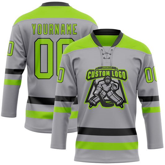 Custom Gray Neon Green-Black Hockey Lace Neck Jersey - Sky-Custom