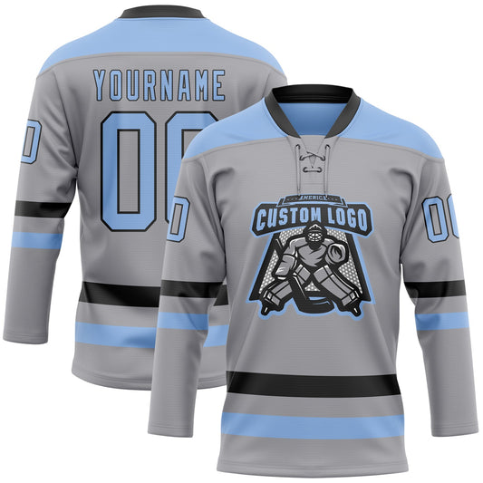 Custom Gray Light Blue-Black Hockey Lace Neck Jersey - Sky-Custom