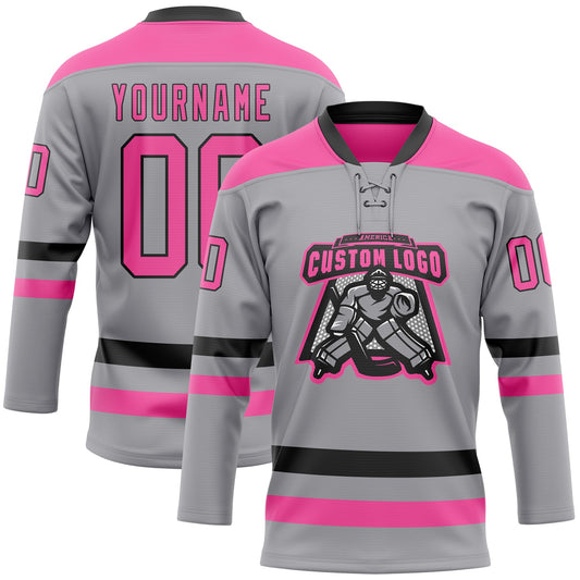 Custom Gray Pink-Black Hockey Lace Neck Jersey - Sky-Custom