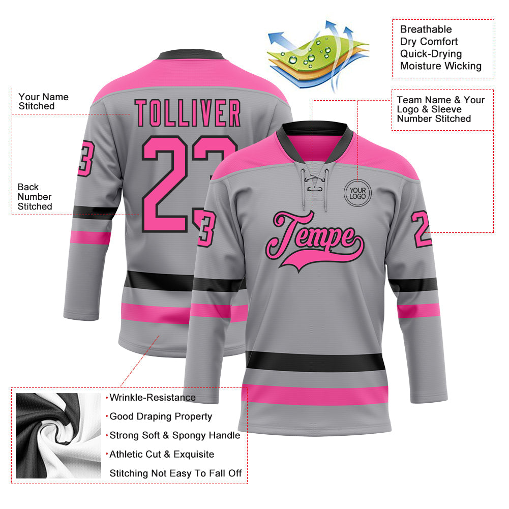 Custom Gray Pink-Black Hockey Lace Neck Jersey - Sky-Custom
