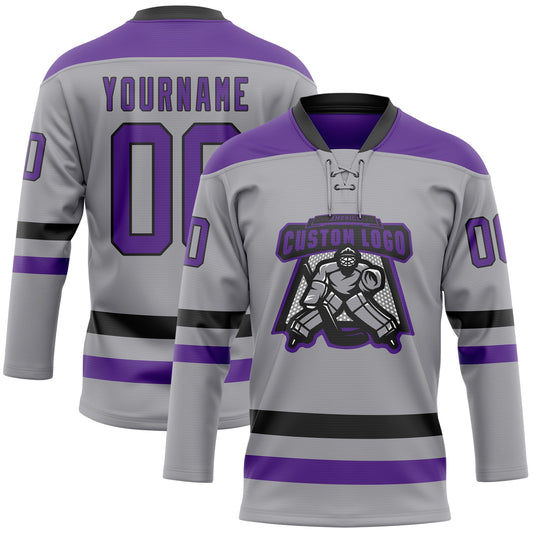 Custom Gray Purple-Black Hockey Lace Neck Jersey - Sky-Custom