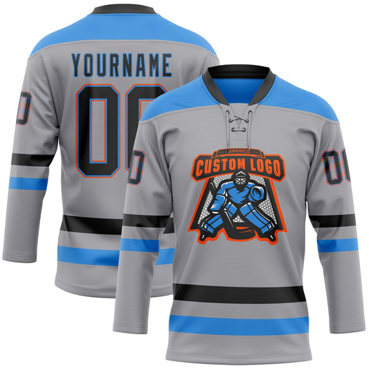 Custom Gray Black Powder Blue-Orange Hockey Lace Neck Jersey - Sky-Custom