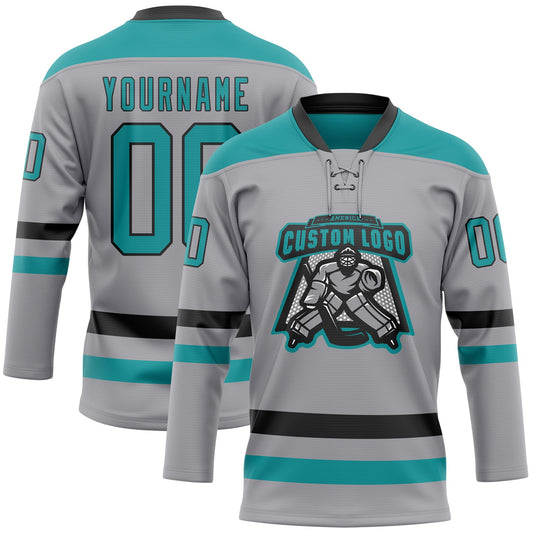 Custom Gray Teal-Black Hockey Lace Neck Jersey - Sky-Custom
