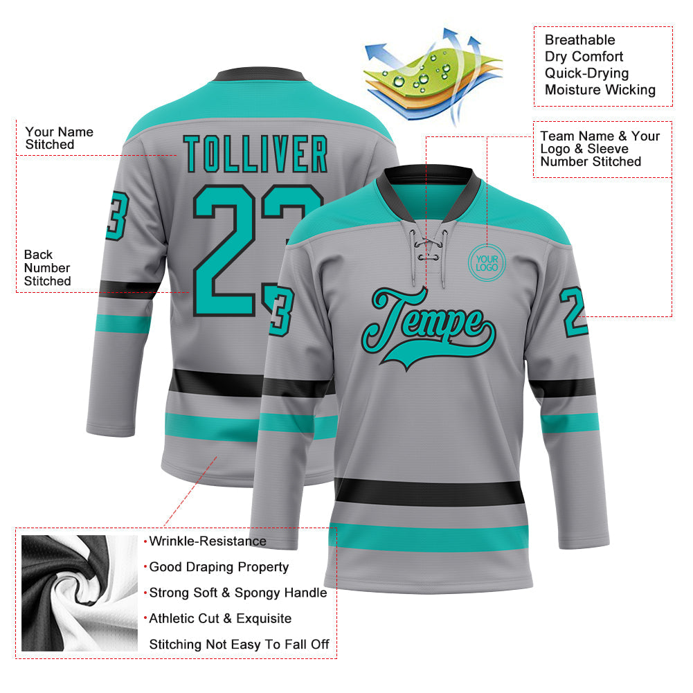 Custom Gray Aqua-Black Hockey Lace Neck Jersey - Sky-Custom