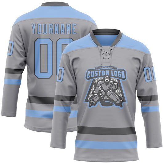 Custom Gray Light Blue-Steel Gray Hockey Lace Neck Jersey - Sky-Custom