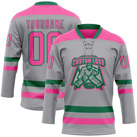 Custom Gray Pink-Kelly Green Hockey Lace Neck Jersey - Sky-Custom