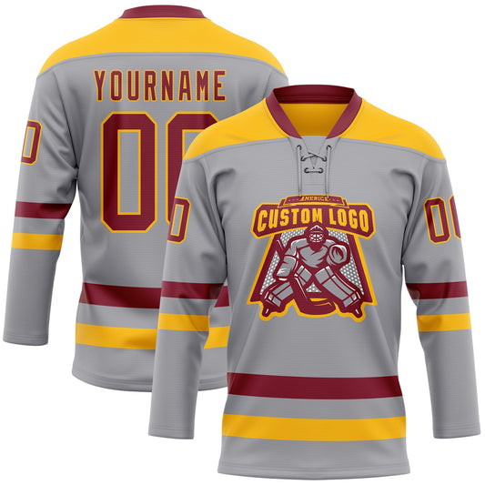 Custom Gray Crimson-Gold Hockey Lace Neck Jersey - Sky-Custom