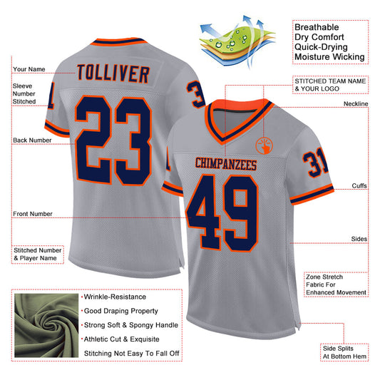 Custom Gray Navy-Orange Mesh Authentic Throwback Football Jersey - Sky-Custom