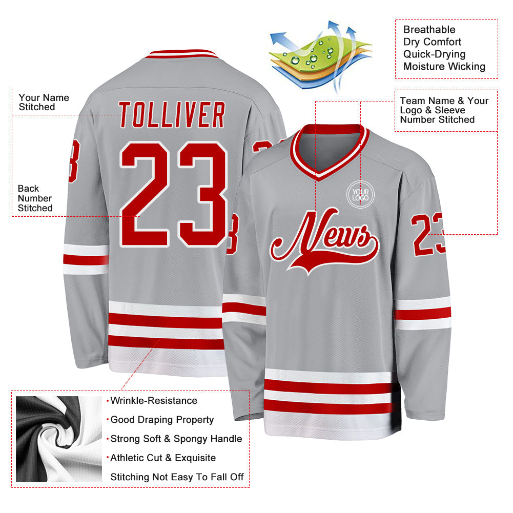 Custom Gray Red-White Hockey Jersey - Sky-Custom