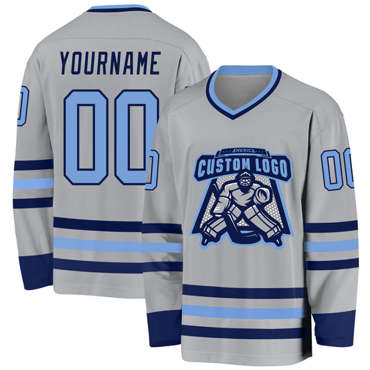 Custom Gray Light Blue-Navy Hockey Jersey - Sky-Custom