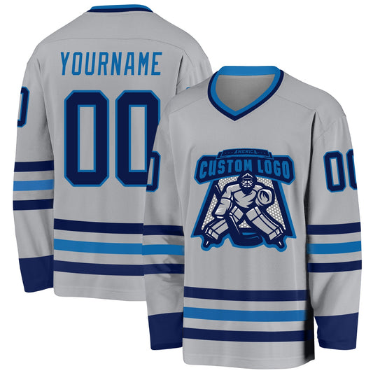 Custom Gray Navy-Blue Hockey Jersey - Sky-Custom