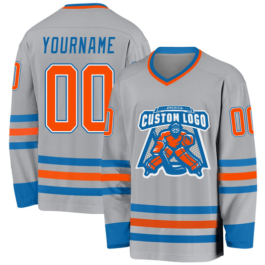 Custom Gray Orange-Blue Hockey Jersey - Sky-Custom