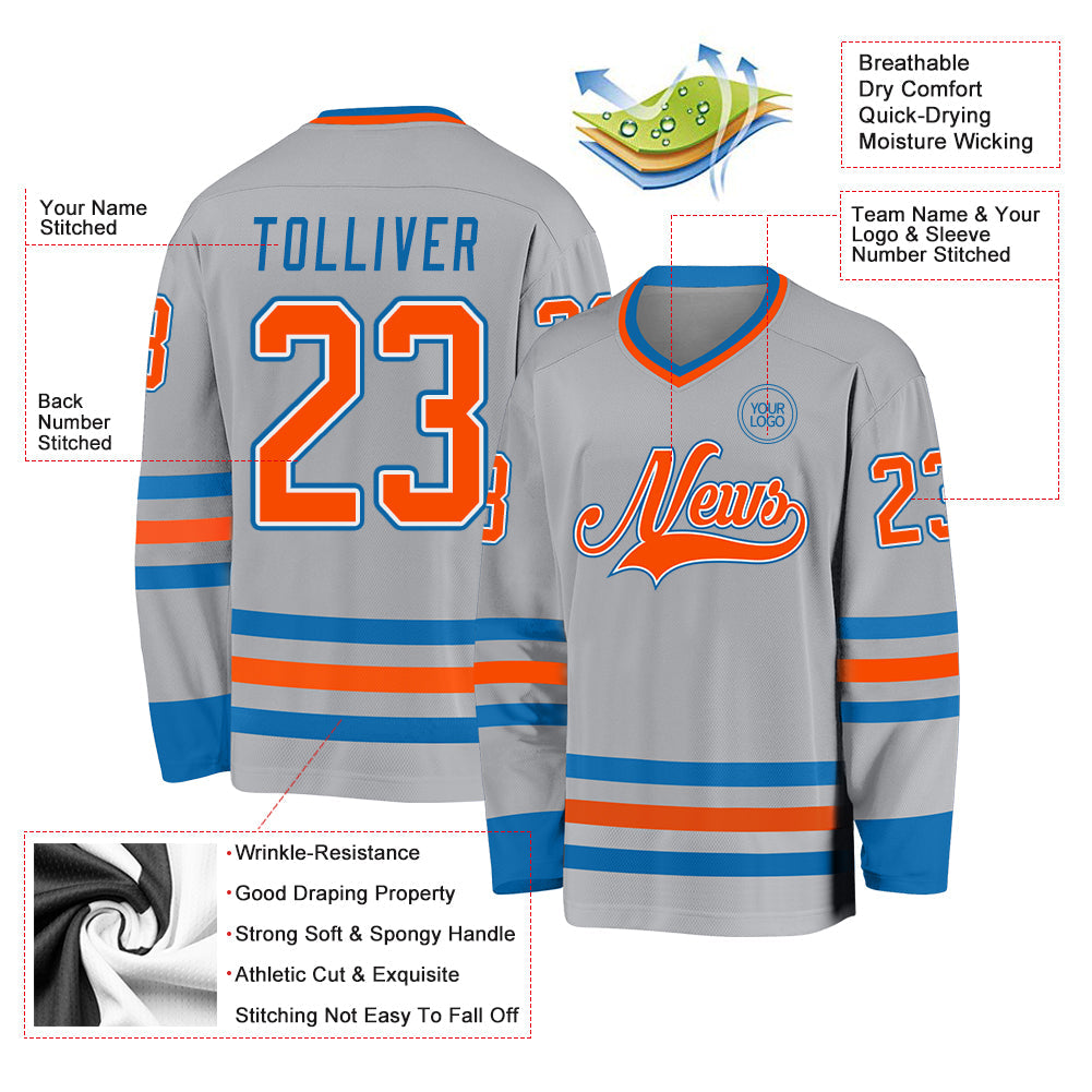 Custom Gray Orange-Blue Hockey Jersey - Sky-Custom