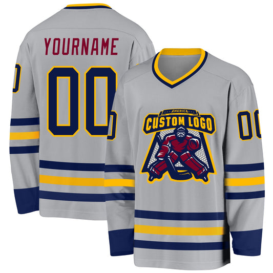 Custom Gray Navy Gold-Maroon Hockey Jersey - Sky-Custom
