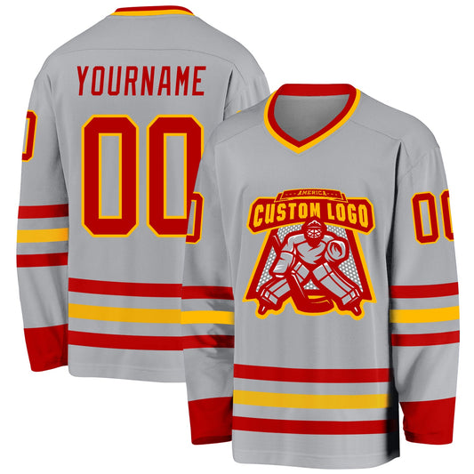 Custom Gray Red-Gold Hockey Jersey - Sky-Custom
