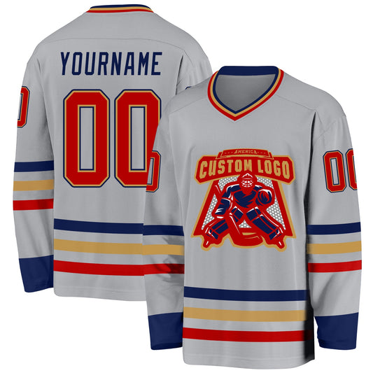 Custom Gray Red Old Gold-Navy Hockey Jersey - Sky-Custom