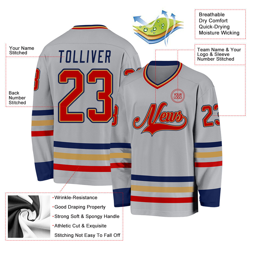 Custom Gray Red Old Gold-Navy Hockey Jersey - Sky-Custom