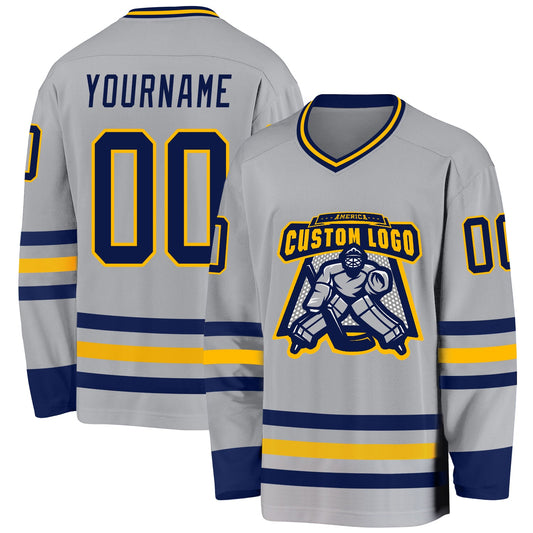Custom Gray Navy-Gold Hockey Jersey - Sky-Custom