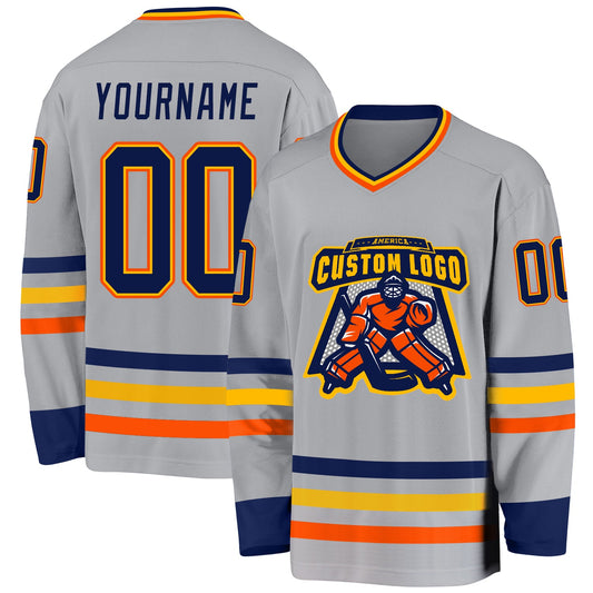 Custom Gray Navy Gold-Orange Hockey Jersey - Sky-Custom