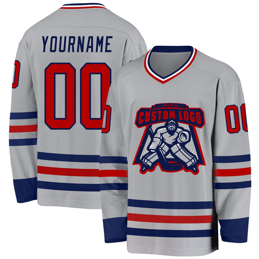 Custom Gray Red-Navy Hockey Jersey - Sky-Custom