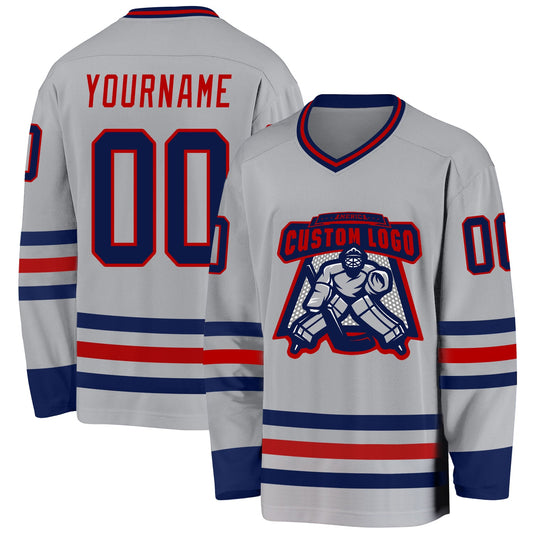 Custom Gray Navy-Red Hockey Jersey - Sky-Custom