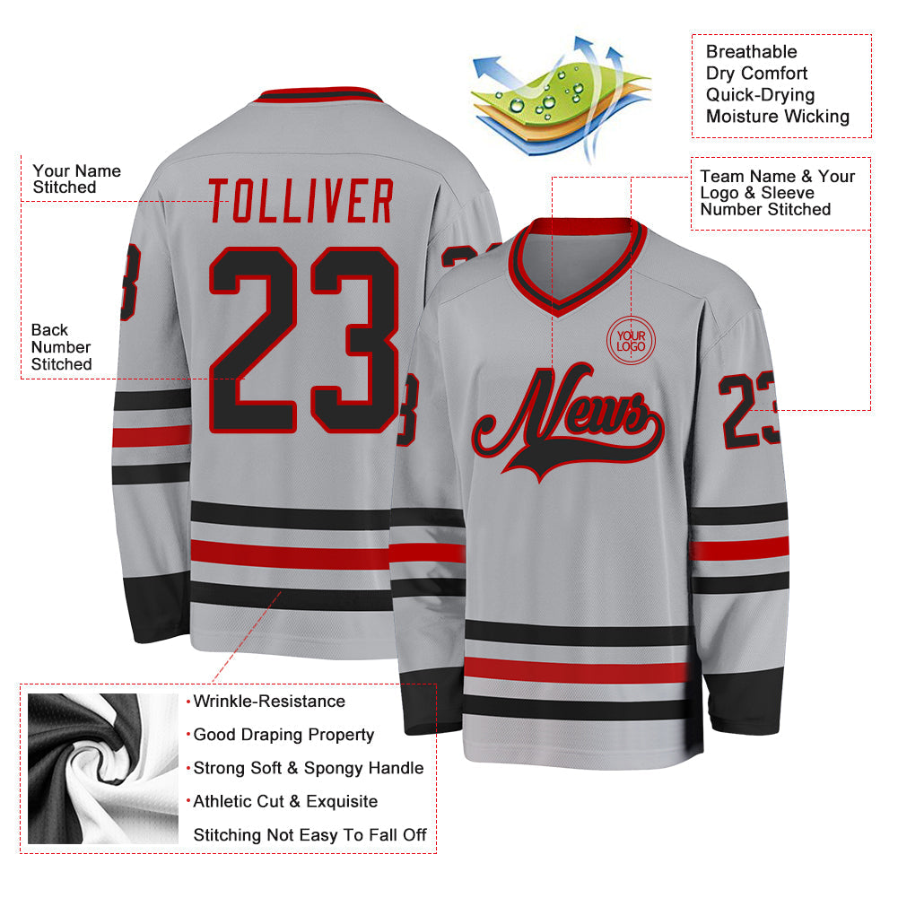 Custom Gray Black-Red Hockey Jersey - Sky-Custom