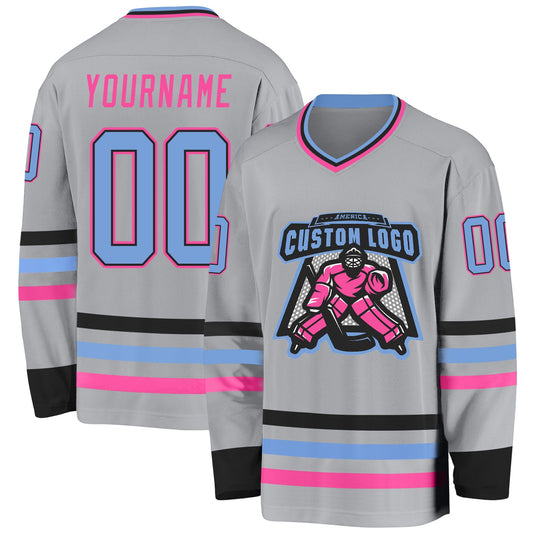 Custom Gray Light Blue Black-Pink Hockey Jersey - Sky-Custom
